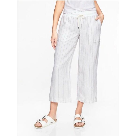 ATHLETA 100% Linen White And Gray Herringbone Striped Pants Sz 6 Beach  Comfy - Picture 1 of 11